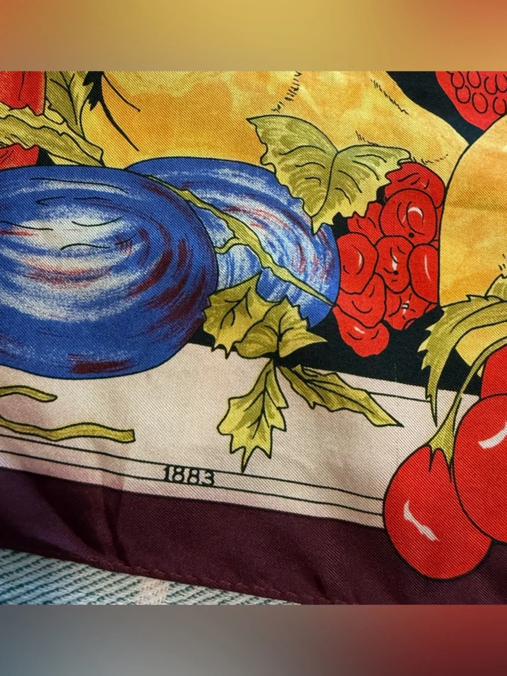 VTG June Critchfield silk scarf, fruit print, Heinz's Apple Butter 1989 drawing